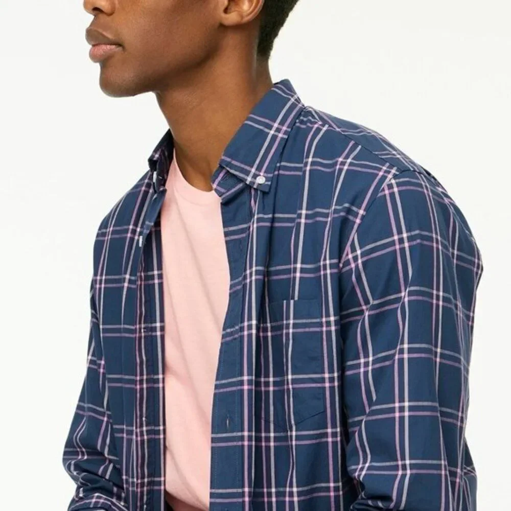 J Crew Men's Plaid Button Front Shirt  Tattersall Flex Cotton Blue‎ Large $89